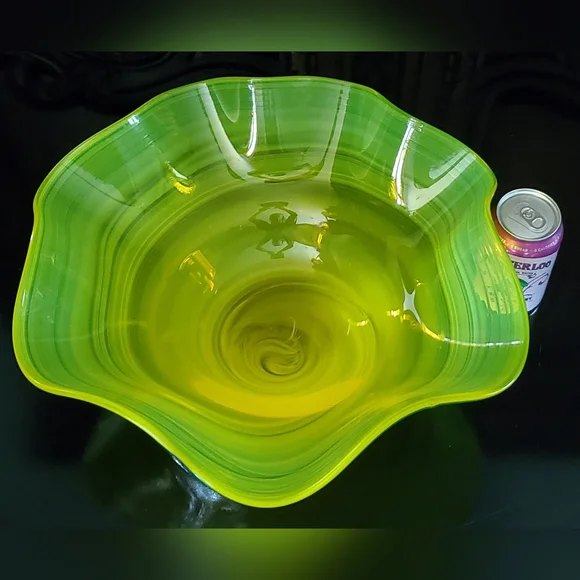 Huge Blenko 17" Handmade Yellow & Blue Art Glass Bowl - Picture 2 of 13